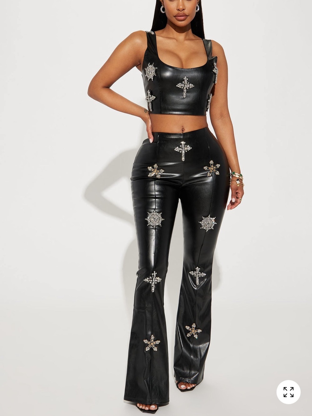 Black Embellished Faux Leather Flare Pants - Women